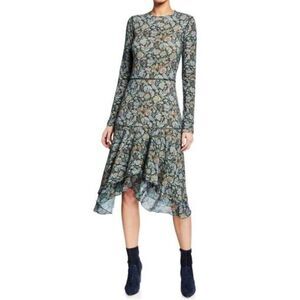 See By Chloe Wool Blend Long Sleeve Tiered Green Floral Jersey Midi Dress XS